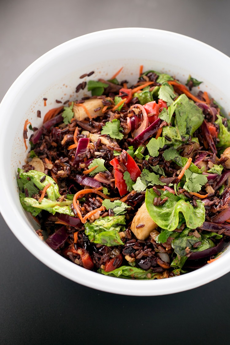 Vegan Forbidden Black Rice Salad - Black Rice Studded with Roasted Veggies, tossed with an Apple Cider Vinegar Dressing. V/GF