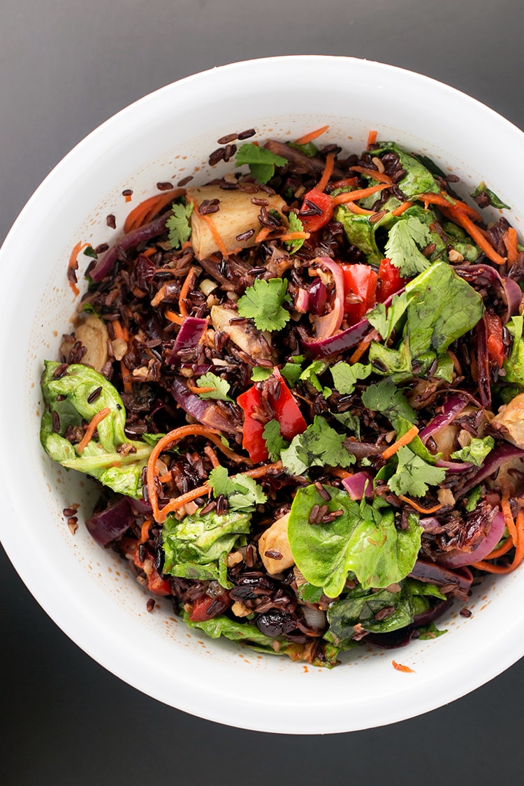 Vegan Forbidden Black Rice Salad - Black Rice Studded with Roasted Veggies, tossed with an Apple Cider Vinegar Dressing. V/GF