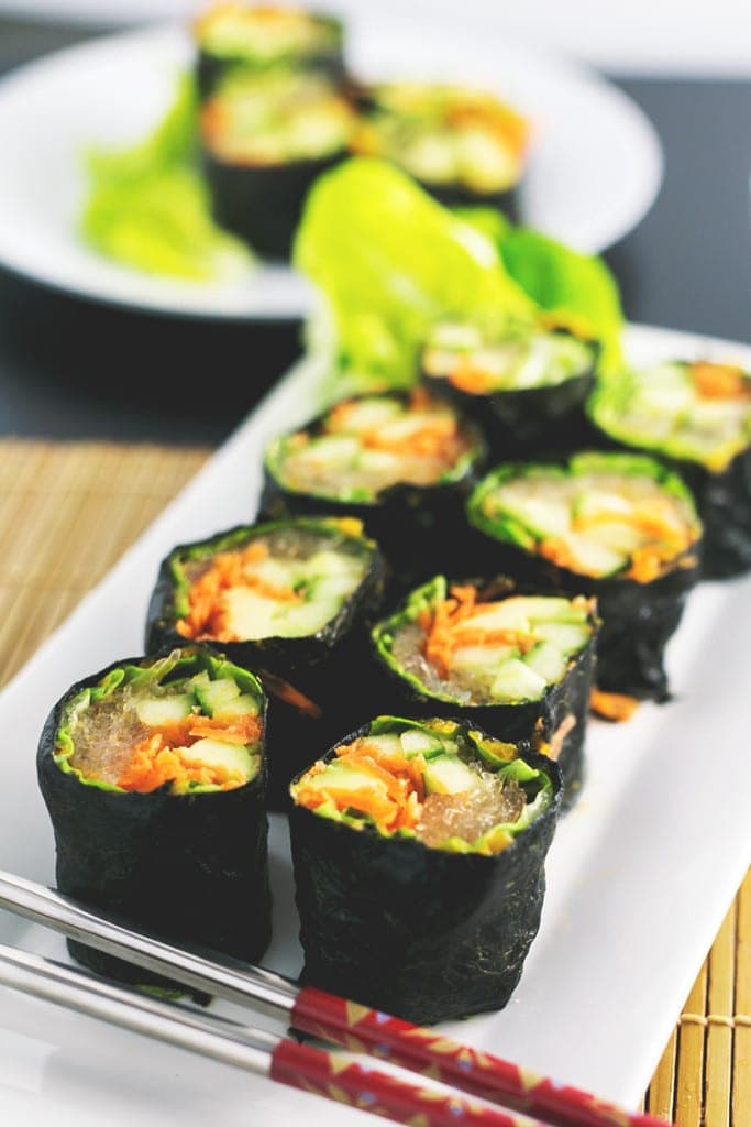 Raw Sushi Rolls with Kelp Noodles and Tahini Soy Dipping Sauce