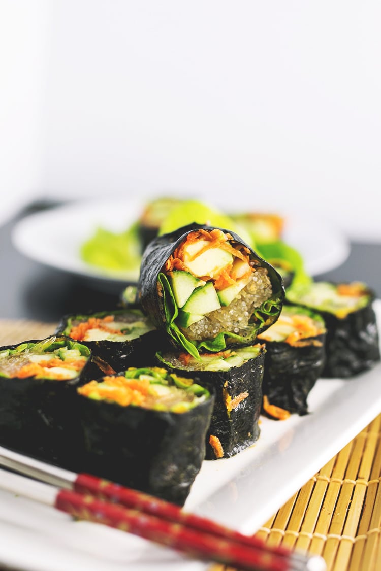 Raw Sushi Rolls with Kelp Noodles and Tahini Soy Dipping Sauce