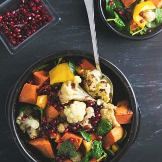 Roasted Cauliflower and Sweet Potato Salad with Cumin Sumac Dressing #sumac #cumin #cauliflower #sweetpotato #vegan #salad #healthy #pomegranate #rainbow #lowfat