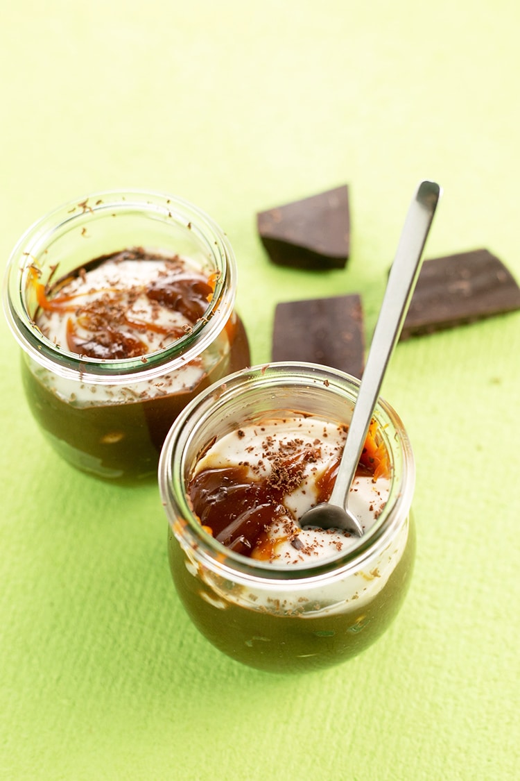 Avocado Chocolate Pudding for Two - a creamy, rich chocolate pudding made from Avocados, Cocoa and Maple Syrup, topped with whipped Coconut Cream. Vegan & Gluten Free. #vegan #glutenfree #chocolate #avocado #pudding #coconut #healthy #dessert #delicious #foodporn #yum #sweets