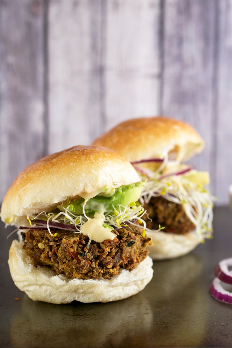 Maple Dijon Tofu Burgers - a healthy veggie burger made with Tofu and Walnuts, served with a Maple Dijon Mayonnaise. #healthy #tofu #burger #veggieburger #glutenfree #vegan #foodporn #delicious 