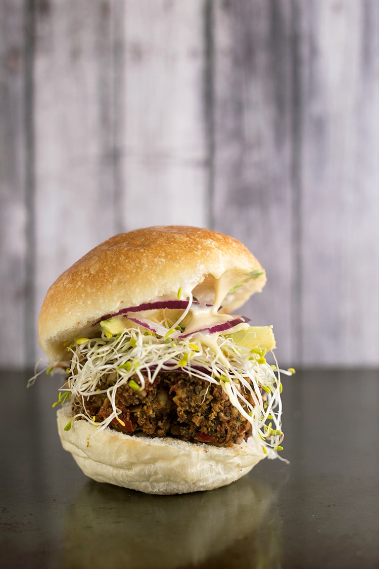 Maple Dijon Tofu Burgers - a healthy veggie burger made with Tofu and Walnuts, served with a Maple Dijon Mayonnaise. #healthy #tofu #burger #veggieburger #glutenfree #vegan #foodporn #delicious 