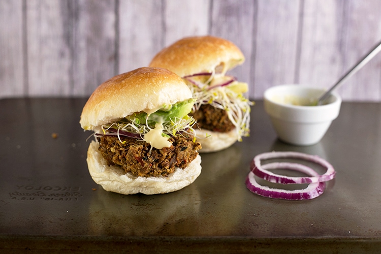 Maple Dijon Tofu Burgers - a healthy veggie burger made with Tofu and Walnuts, served with a Maple Dijon Mayonnaise. #healthy #tofu #burger #veggieburger #glutenfree #vegan #foodporn #delicious