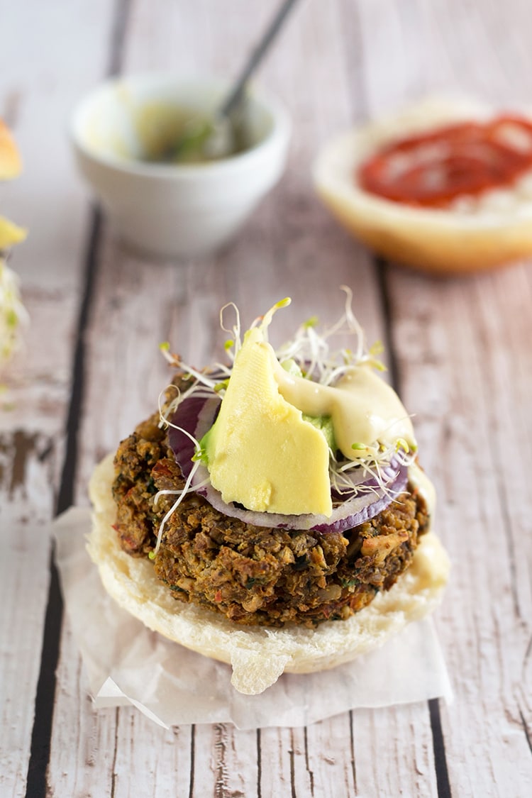 Maple Dijon Tofu Burgers - a healthy veggie burger made with Tofu and Walnuts, served with a Maple Dijon Mayonnaise. #healthy #tofu #burger #veggieburger #glutenfree #vegan #foodporn #delicious 