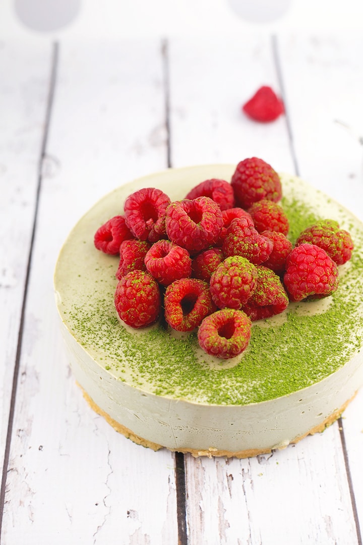 Vegan Matcha Cheesecake - shortbread base and creamy matcha cheesecake topping. #missmatchatea #cheesecake #cashews #vegan #shortbread #foodporn #dessert #dairyfree #greentea #veganrecipe