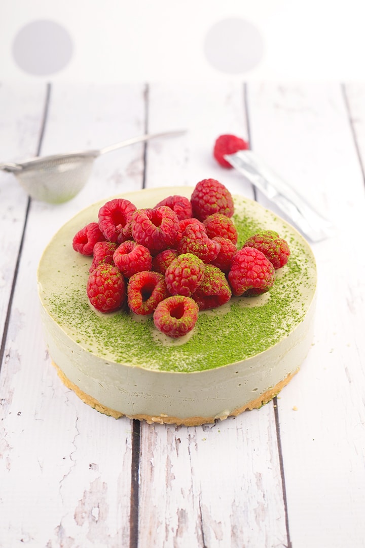 Vegan Matcha Cheesecake - shortbread base and creamy matcha cheesecake topping. #missmatchatea #cheesecake #cashews #vegan #shortbread #foodporn #dessert #dairyfree #greentea #veganrecipe