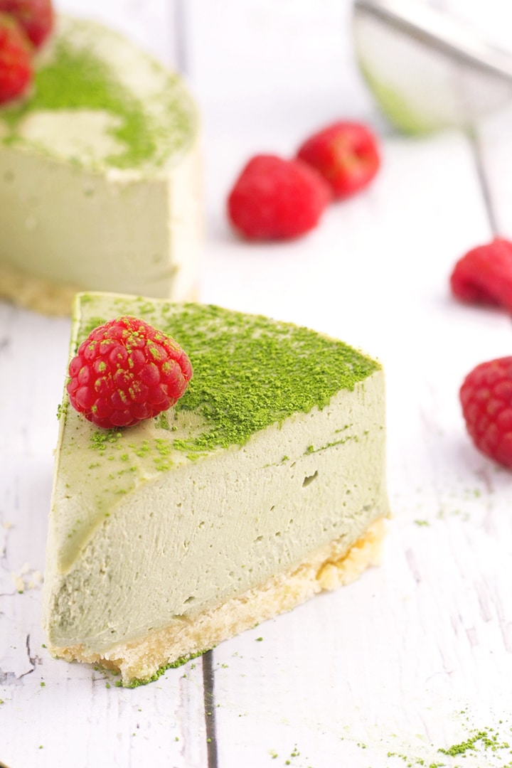 Vegan Matcha Cheesecake - shortbread base and creamy matcha cheesecake topping. #missmatchatea #cheesecake #cashews #vegan #shortbread #foodporn #dessert #dairyfree #greentea #veganrecipe