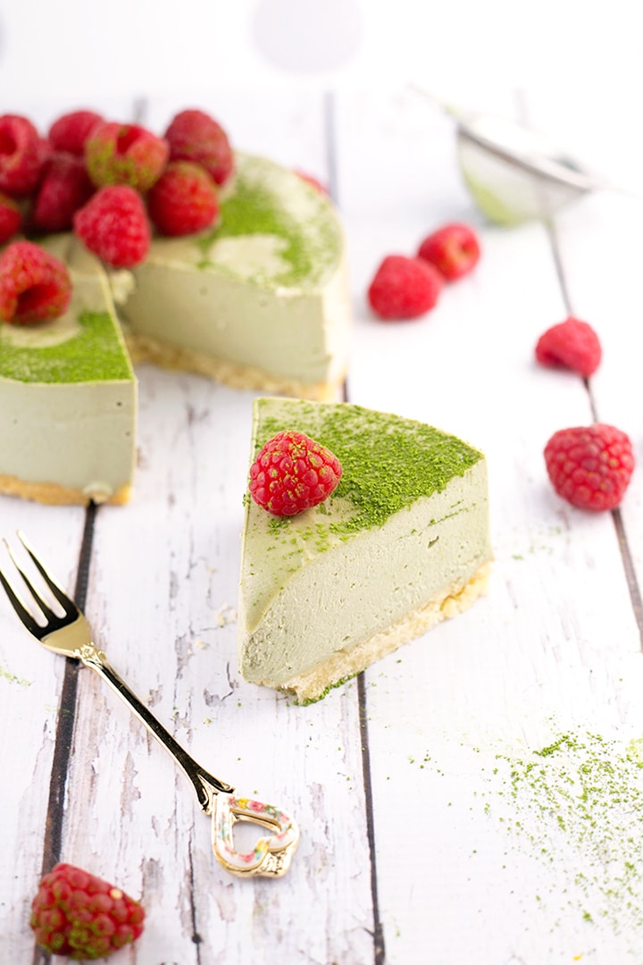 Vegan Matcha Cheesecake - shortbread base and creamy matcha cheesecake topping. #missmatchatea #cheesecake #cashews #vegan #shortbread #foodporn #dessert #dairyfree #greentea #veganrecipe