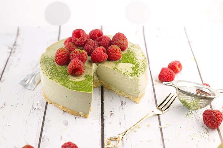 Vegan Matcha Cheesecake - shortbread base and creamy matcha cheesecake topping. #missmatchatea #cheesecake #cashews #vegan #shortbread #foodporn #dessert #dairyfree #greentea #veganrecipe