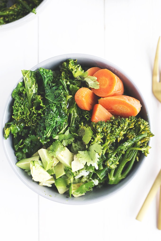 Green Detox Bowl - Thai Basil and Coriander Pesto stirred into rice, topped off with Sauteed Lemon Kale, Broccolini, Carrot and Avocado. #recipe #detox #vegan #healthy #rice #pesto #foodporn