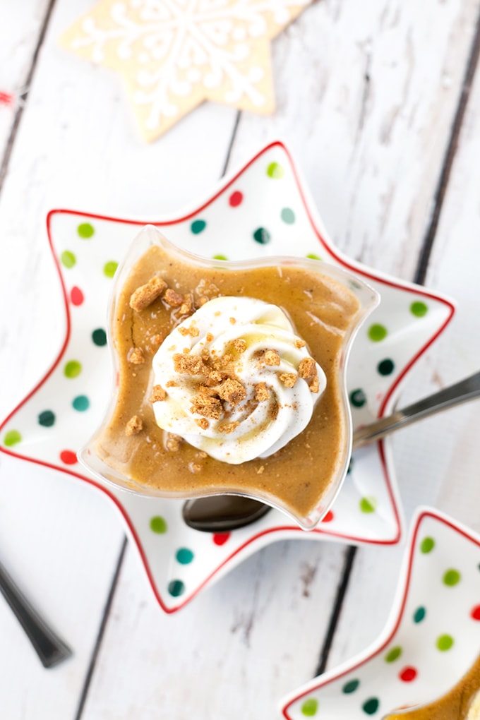 Creamy Gingerbread Pudding with a Cookie Crumble bottom and Whipped Coconut Cream Topping. #vegan #gingerbread #christmas #pudding #nocook #foodporn #veganrecipe