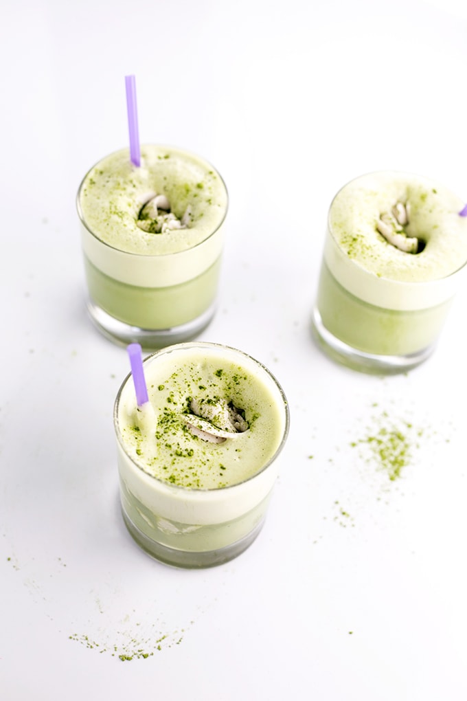 Iced Matcha Green Tea Frappés with Whipped Coconut Cream Topping. #vegan #glutenfree #healthy #matcha #greentea #frappe #drinks #foodporn