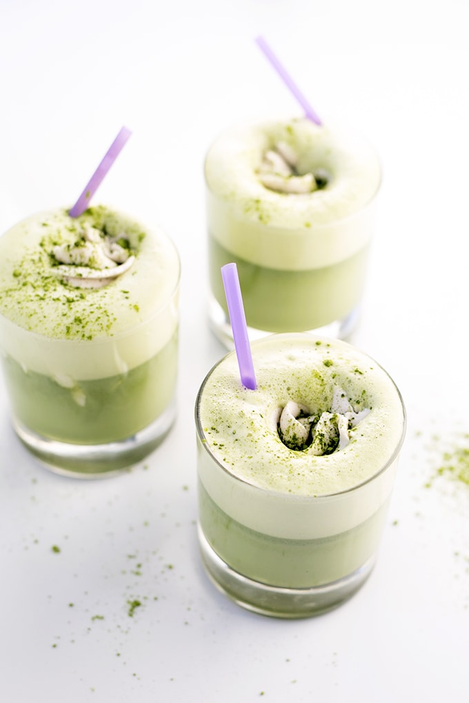 Iced Matcha Green Tea Frappés with Whipped Coconut Cream Topping. #vegan #glutenfree #healthy #matcha #greentea #frappe #drinks #foodporn