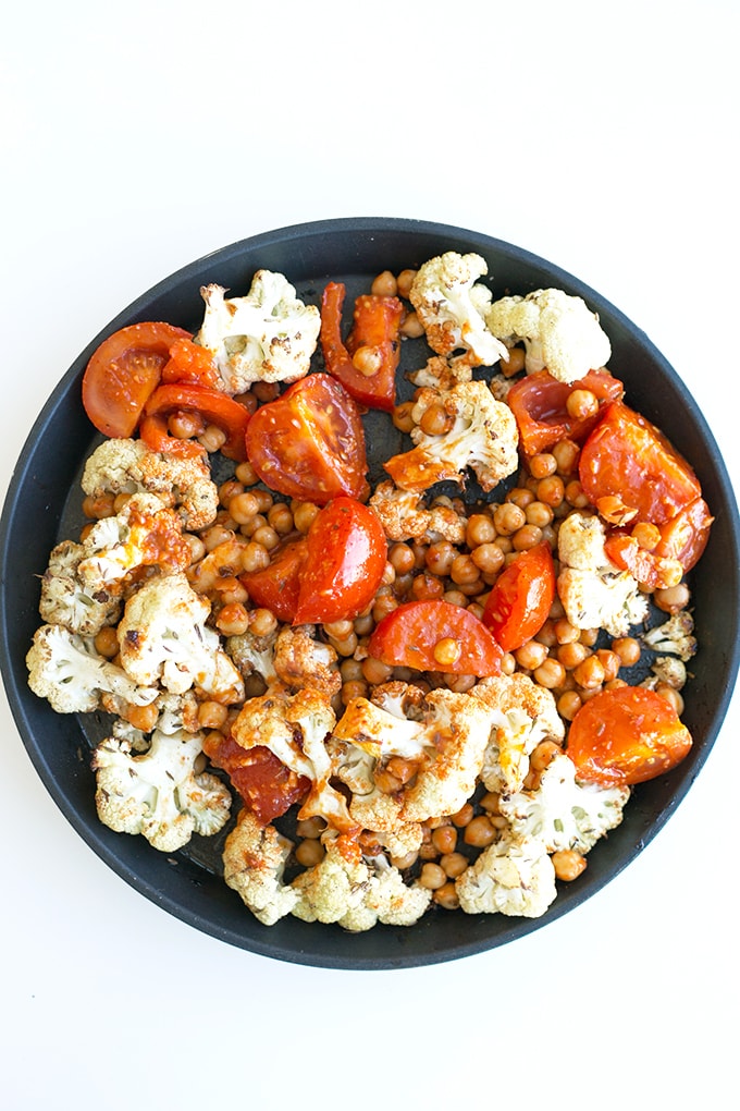 Spiced Cauliflower and Harissa Chickpea Salad - light, simple, healthy. #vegan #chickpea #harissa #tomato #cauliflower #vegan #detox #foodporn