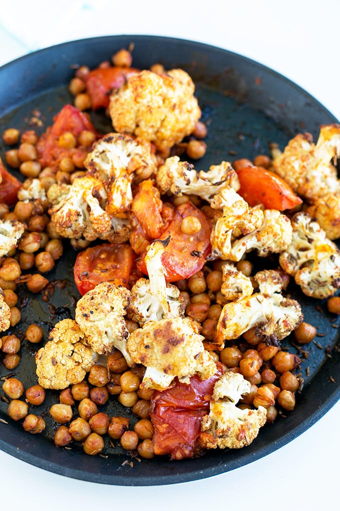 Spiced Cauliflower and Harissa Chickpea Salad - light, simple, healthy. #vegan #chickpea #harissa #tomato #cauliflower #vegan #detox #foodporn