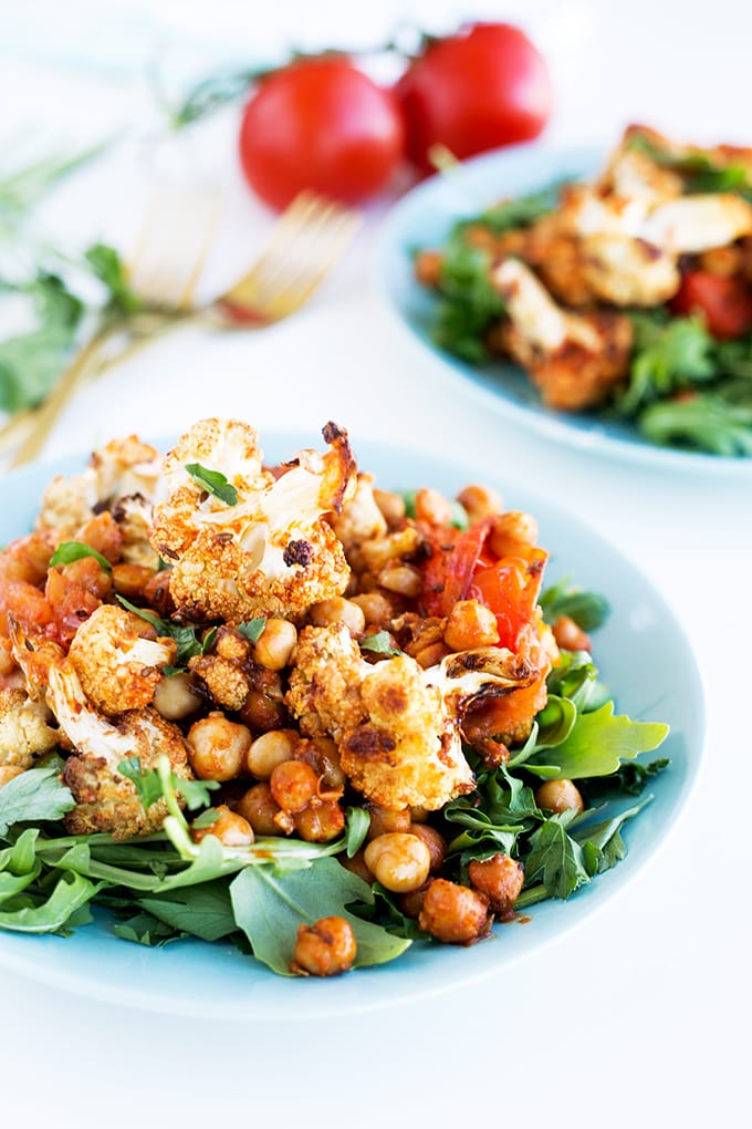 Spiced Cauliflower and Harissa Chickpea Salad - light, simple, healthy. #vegan #chickpea #harissa #tomato #cauliflower #vegan #detox #foodporn