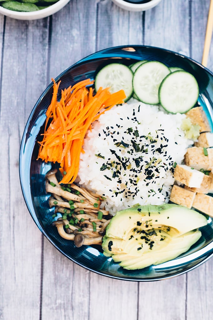 Happy Healthy Vegan Sushi Bowl - a Rice Bowl version of Sushi, without the rolling. Healthy, Gluten Free, HCLF #vegan #sushi #asian #healthy #glutenfree