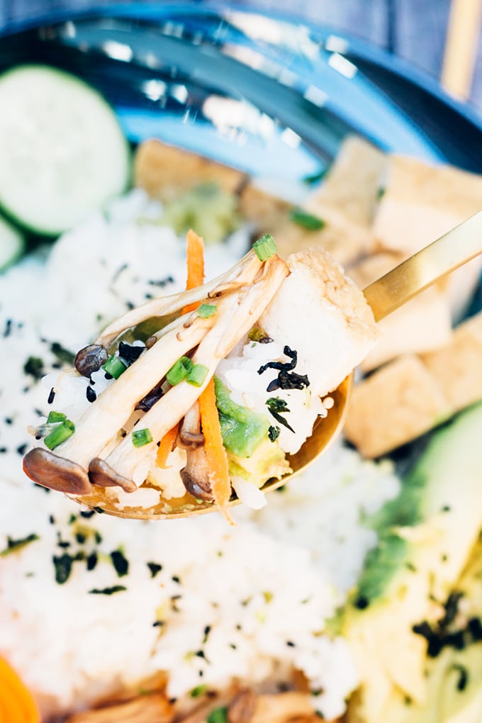 Happy Healthy Vegan Sushi Bowl - a Rice Bowl version of Sushi, without the rolling. Healthy, Gluten Free, HCLF #vegan #sushi #asian #healthy #glutenfree