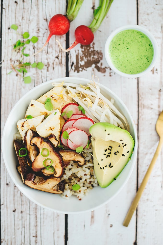 Delicious Healthy Vegan Buddha Bowl With Quinoa, Rice, Teriyaki Shiitake Mushrooms, Veggies And A Cilantro Tahini Dressing. #vegan #buddha #bowl #healthy #vegetarian #tahini #mushrooms #hclf #recipes 