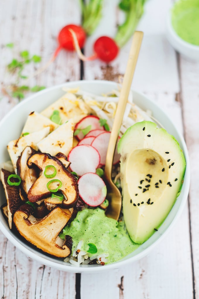 Delicious Healthy Vegan Buddha Bowl With Quinoa, Rice, Teriyaki Shiitake Mushrooms, Veggies And A Cilantro Tahini Dressing. #vegan #buddha #bowl #healthy #vegetarian #tahini #mushrooms #hclf #recipes 