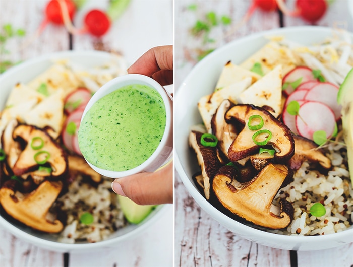 Delicious Healthy Vegan Buddha Bowl With Quinoa, Rice, Teriyaki Shiitake Mushrooms, Veggies And A Cilantro Tahini Dressing. #vegan #buddha #bowl #healthy #vegetarian #tahini #mushrooms #hclf #recipes 