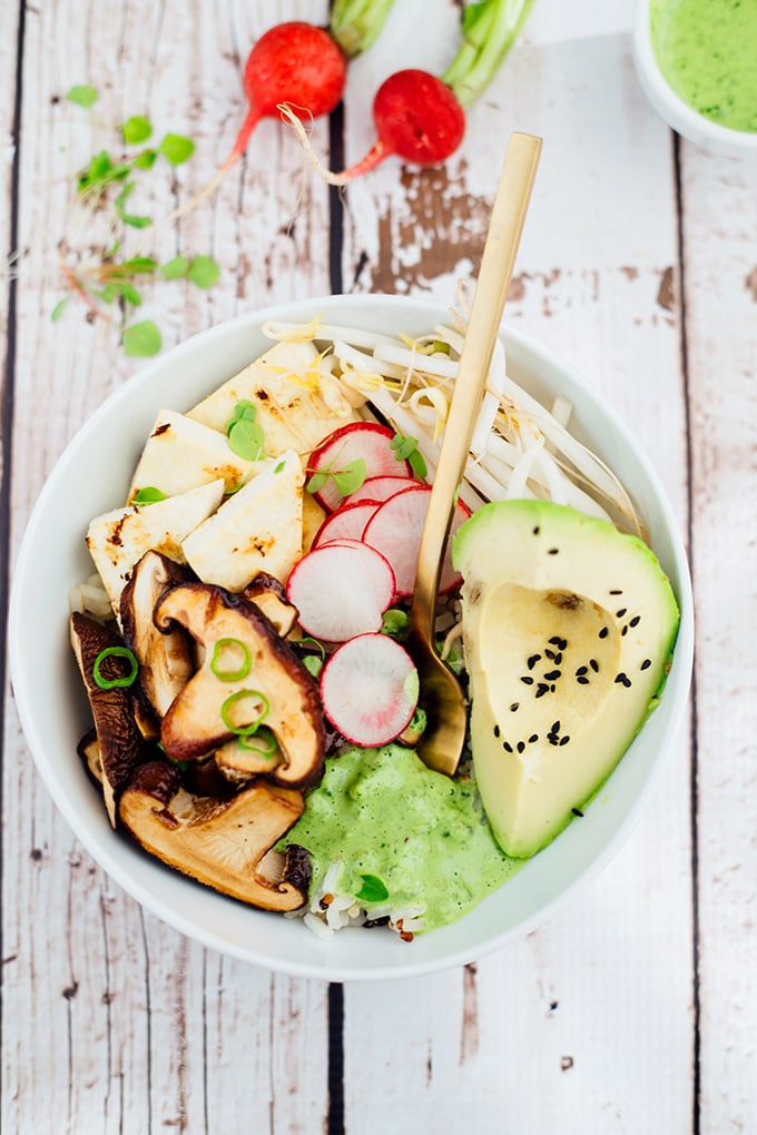 Delicious Healthy Vegan Buddha Bowl With Quinoa, Rice, Teriyaki Shiitake Mushrooms, Veggies And A Cilantro Tahini Dressing. #vegan #buddha #bowl #healthy #vegetarian #tahini #mushrooms #hclf #recipes 