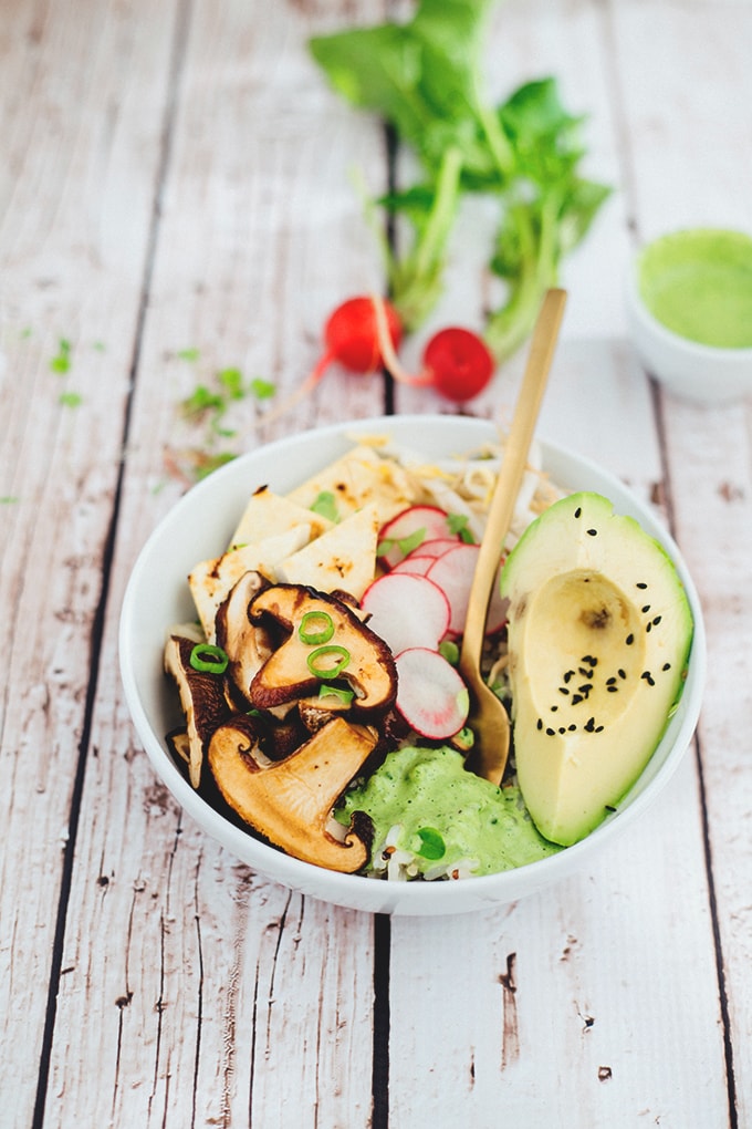 Delicious Healthy Vegan Buddha Bowl With Quinoa, Rice, Teriyaki Shiitake Mushrooms, Veggies And A Cilantro Tahini Dressing. #vegan #buddha #bowl #healthy #vegetarian #tahini #mushrooms #hclf #recipes 