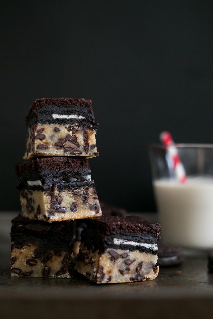 Vegan Slutty Brownies - Chocolate Chip Cookie Base stuffed with a Vegan Sandwich Cookies and topped with Vegan Brownie Batter. Simple, Decadent, Slutty! #chocolate #brownies #vegan #cookies #oreo #dessert #simple