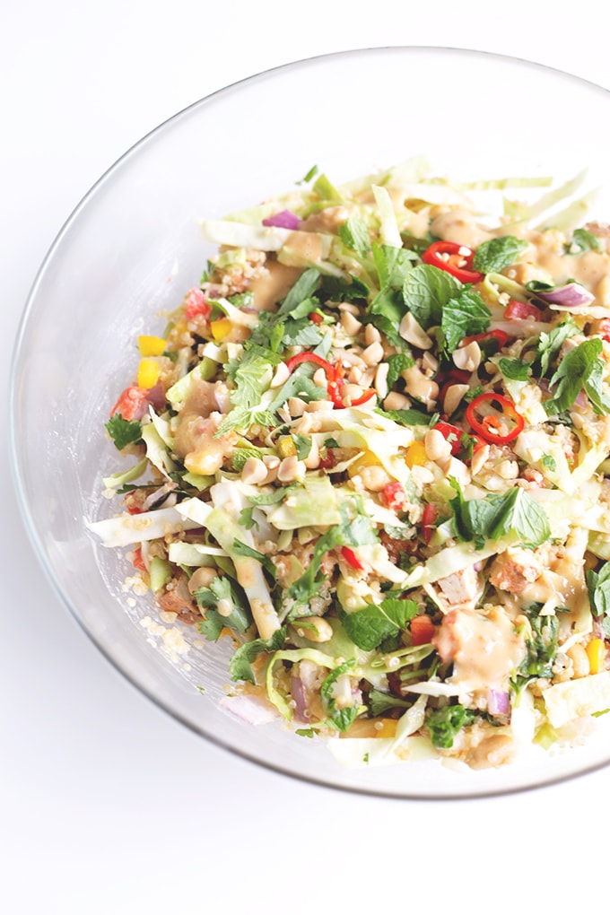 Vegan Thai Quinoa Salad with Peanut Lemongrass Dressing - a healthy quinoa salad loaded with veggies, herbs and a lemongrass peanut dressing. #vegan #healthy #peanut #lemongrass #quinoa #simple #recipe