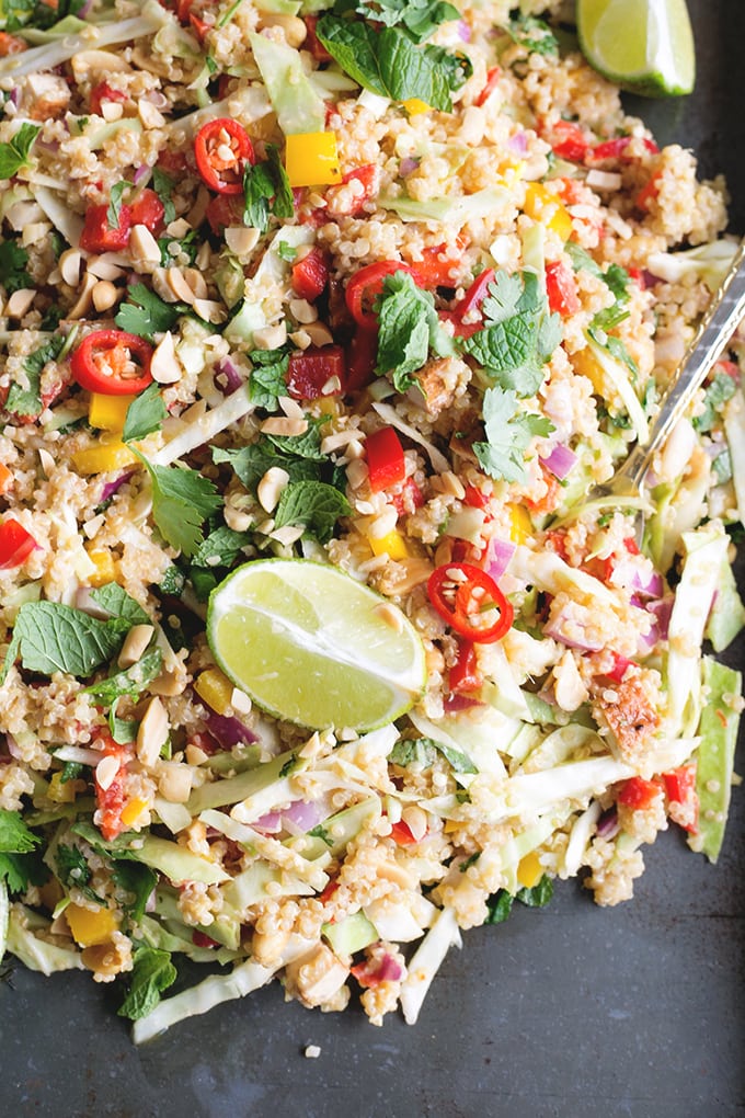 Vegan Thai Quinoa Salad with Peanut Lemongrass Dressing - a healthy quinoa salad loaded with veggies, herbs and a lemongrass peanut dressing. #vegan #healthy #peanut #lemongrass #quinoa #simple #recipe