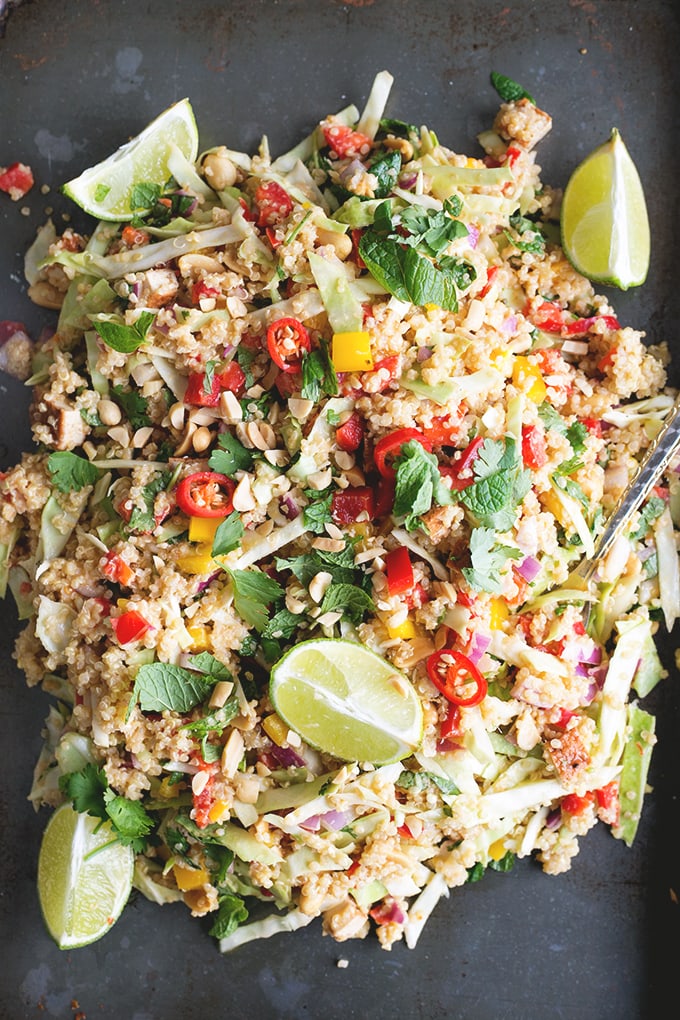 Vegan Thai Quinoa Salad with Peanut Lemongrass Dressing - a healthy quinoa salad loaded with veggies, herbs and a lemongrass peanut dressing. #vegan #healthy #peanut #lemongrass #quinoa #simple #recipe