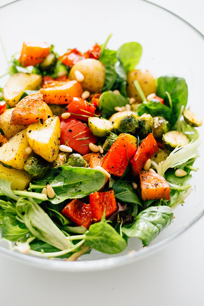Vegan Roasted Vegetable Salad with Avocado Dressing - Dressed Greens with Roasted Vegetables (Sweet Potato, Potato, Red Bell Pepper and Brussels Sprouts) with a creamy Avocado Dressing.