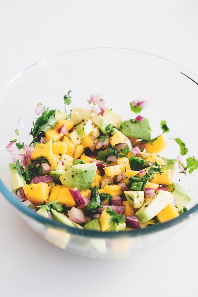 Easy 5 Minute Mango Avocado Salsa with Red Onion, Lime and Jalapeno. Perfect with corn chips or on tacos. #vegan #salsa #mango #avocado #healthy #easy #taco #chips