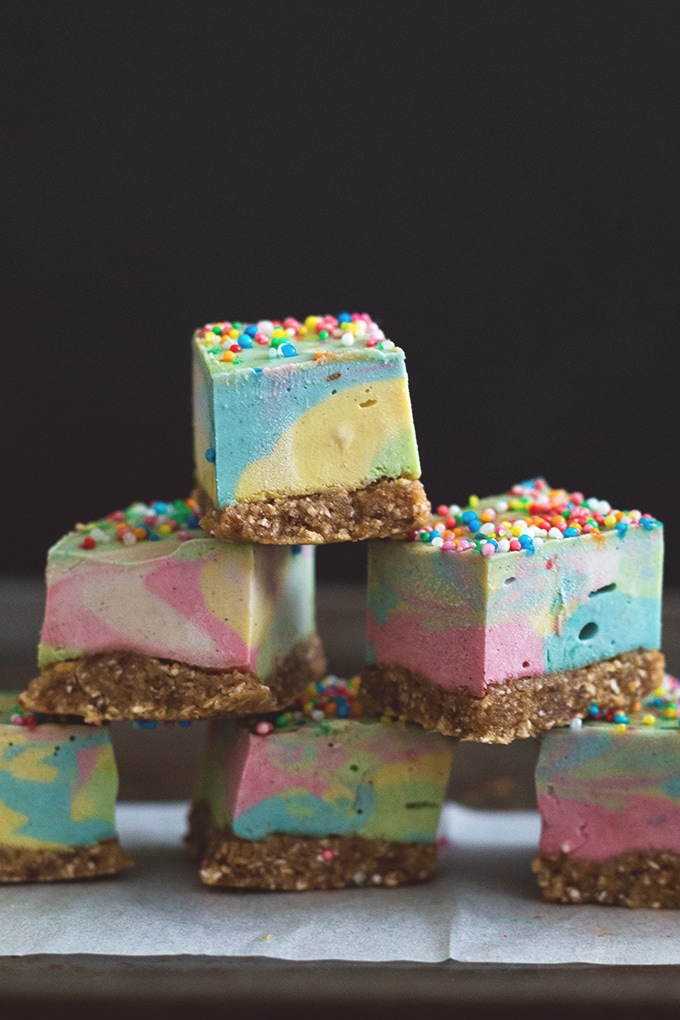 Paddle Pop Squares - A Delicious Frozen Rainbow Treat, Flavored with Butterscotch and Vanilla Bean. Raw/ Vegan / Gluten Free. #raw #vegan #cashew #cheesecake #paddlepop #icecream #healthy #rainbow