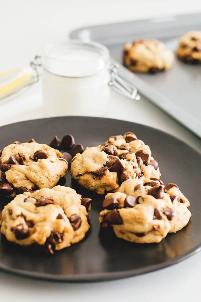 vegan chocolate chip cookies on a plate.