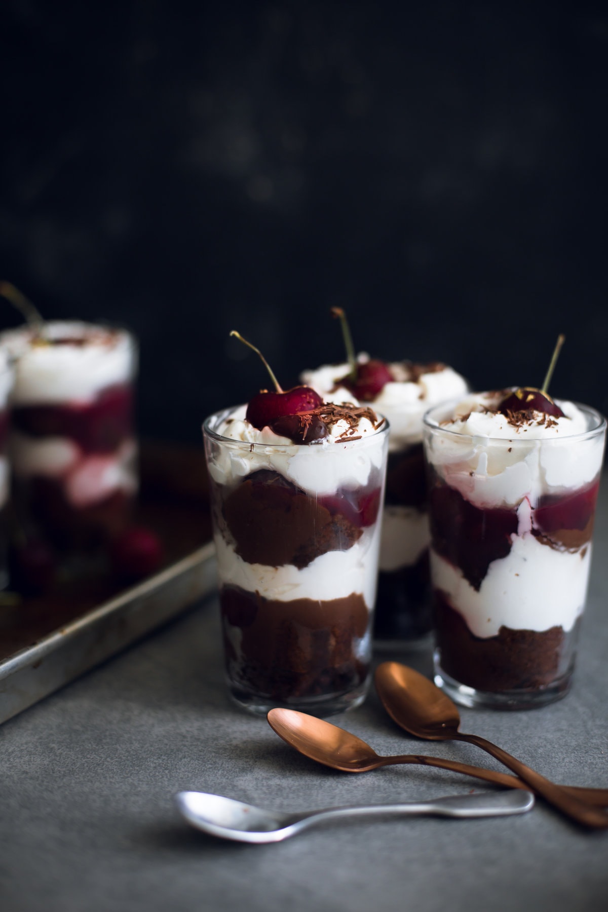 A delicious Vegan Black Forest Cake Trifle. Chocolate Sponge, Kirsch Soaking Syrup, Cherry Filling and Whipped Cream. 100% Omni Approved! #blackforest #cake #cherries #chocolate #cream #dessert #vegandesserts #simple #chocolatedesserts