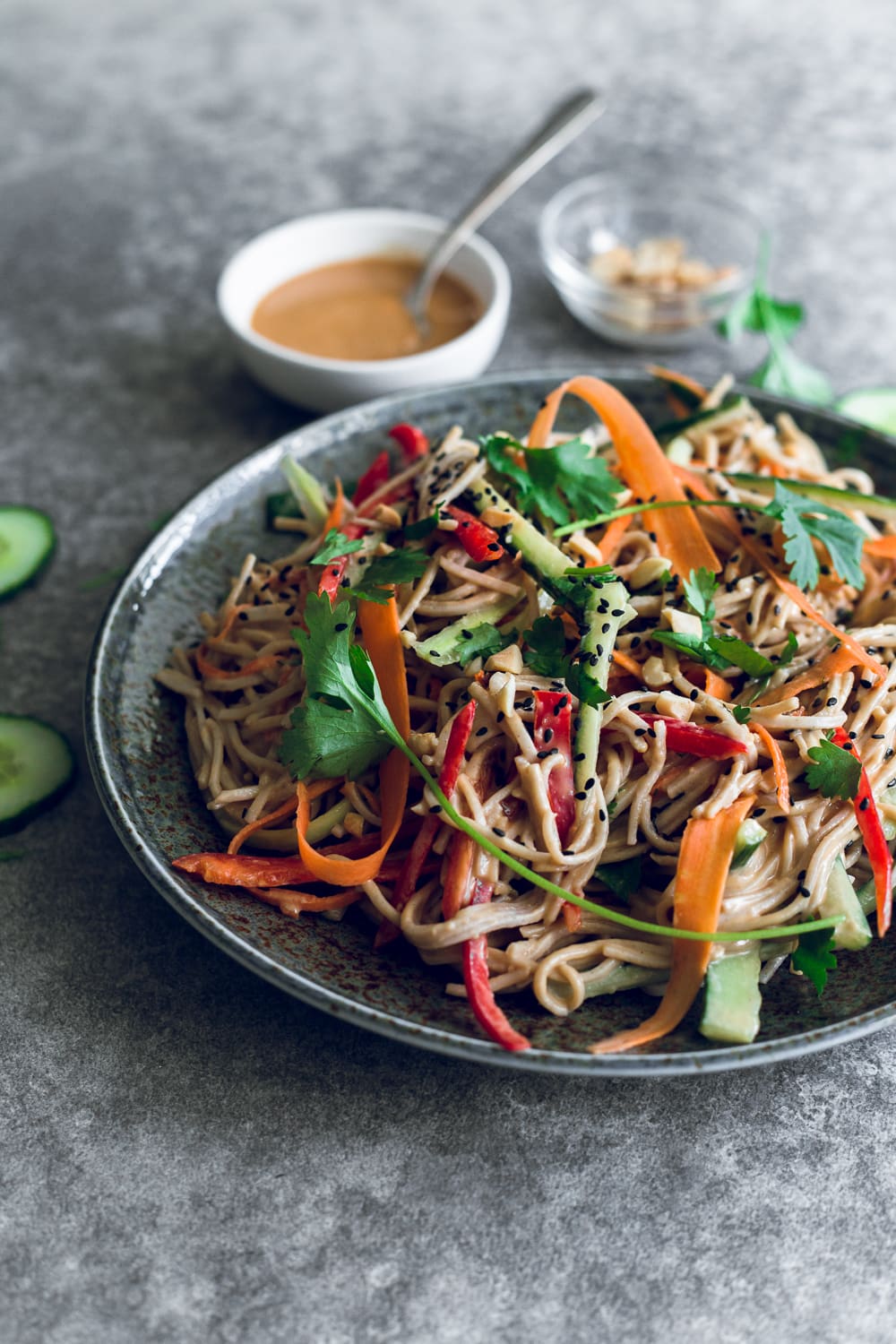 A delicious and healthy Vegan Peanut Soba Noodle Salad Recipe. Soba Noodles and Colorful Veggies dressed in an easy and delicious Peanut Sauce. #vegan #peanut #japanese #soba #noodle #salad #summer #simple #healthy #peanutbutter #lunchbox #packedlunch #cold 