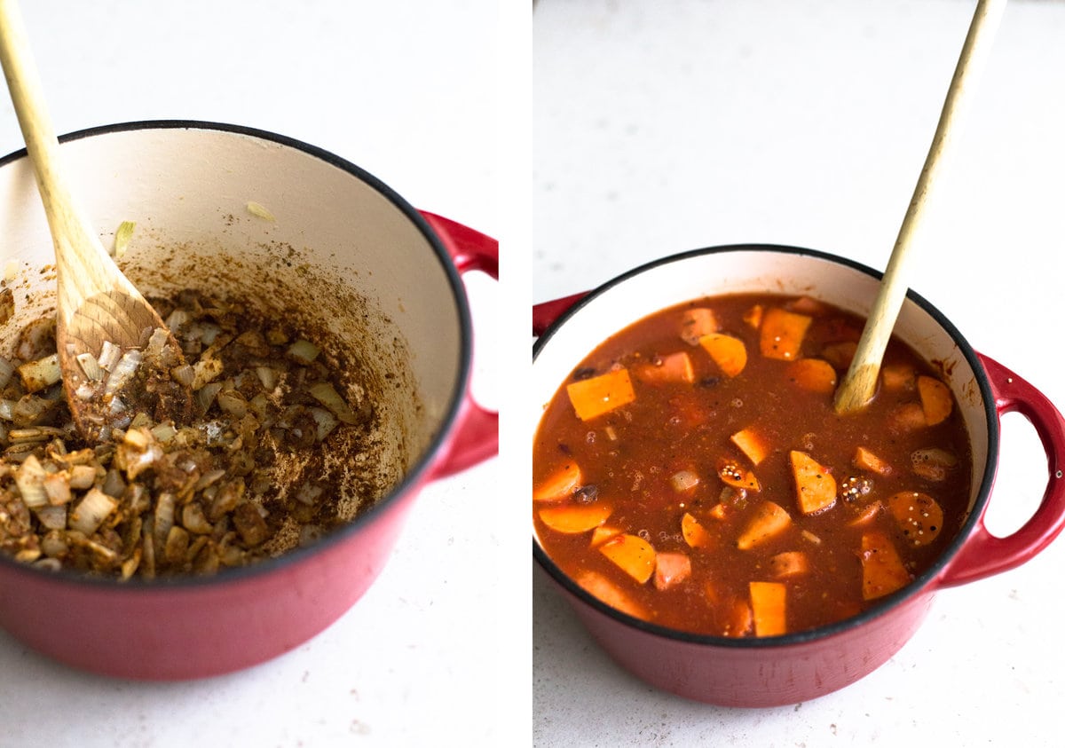 A delicious and hearty one pot Vegan Sweet Potato and Quinoa Chili. Ready in under one hour, Gluten Free, Low in Fat and made with common pantry staples. #vegan #chili #quinoa #healthy #simple #stew #hearty #veganchili #vegetarian #tomato #beans #onepot #mexican #soup #tortilla 