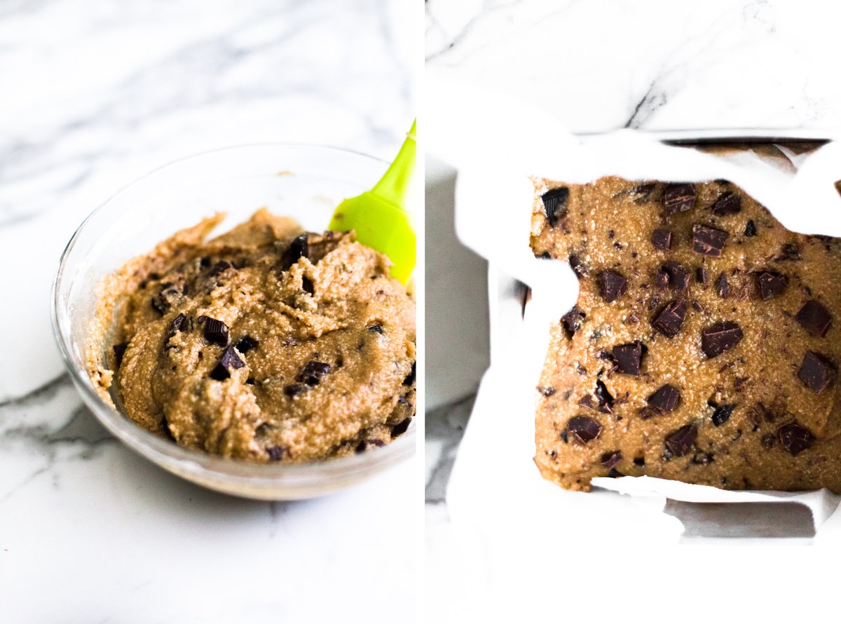 Sweet meets salty in these Vegan Miso Chocolate Chip Cookie Bars. Don't knock it till you try it! Ready in under an hour and 100% Gluten Free. #miso #glutenfree #chocolatechip #blondies #chocolatechunk #misochocolate #salty #baking #vegan #cookiebar #almonds #dairyfree