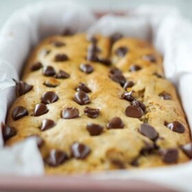 vegan banana bread in tin.