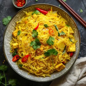 singapore noodles in a bowl.