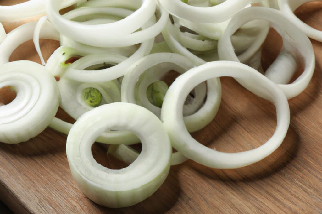 raw onion rings on board.